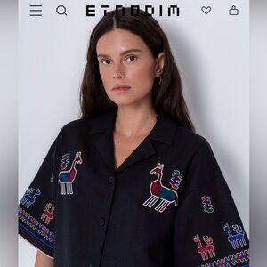 Etnodim Linen shirt with short sleeves and embroidery Konyk dark